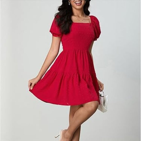 Women's Bow Mini Dress Square Neck Puff Short Sleeve Ruffle A Line Flowy Holiday - Picture 2 of 5